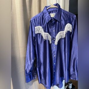 Blue Western Shirt with Fringe Sz 16 1/2